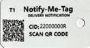 White clickable Notify Me Tag icon located on the navigation bar with scannable QR Code and instructions for finder. 